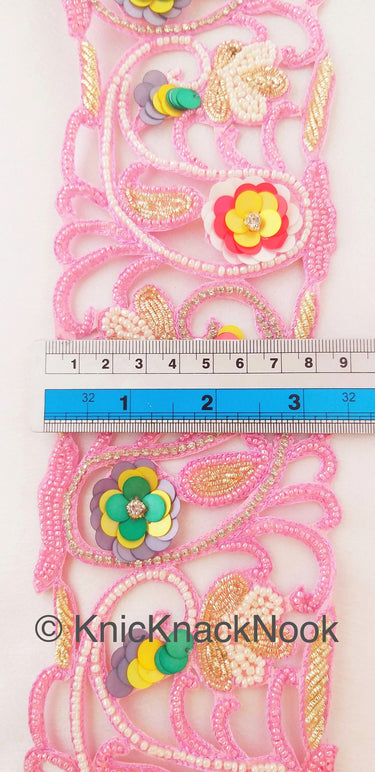 Pink Hand Embroidered Cutwork Beaded Trim, Multicolour Sequins Wedding Sash, Zardozi Sari Border Trim By Yard Decorative Exclusive Fashion